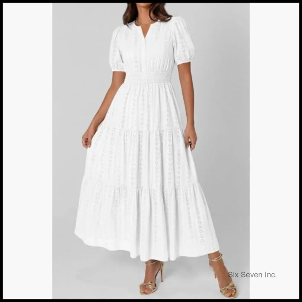 Cotton Maxi Dress with Puff Sleeves V Neck Smocked Waist Flowy Eyelet - Picture 5 of 7
